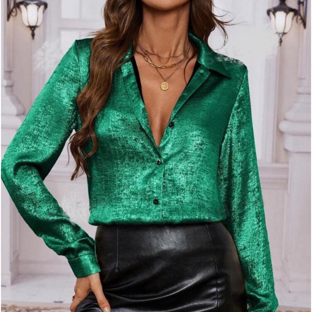 Luxe Jacquard Satin Button Down Up Shirt Green